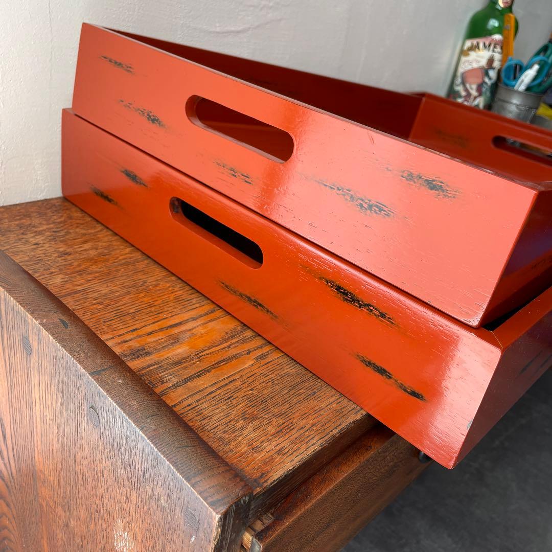 朱塗り　乱れ箱　衣装盆　大型　トレイ　旅館にありそうな木箱　角盆　特大