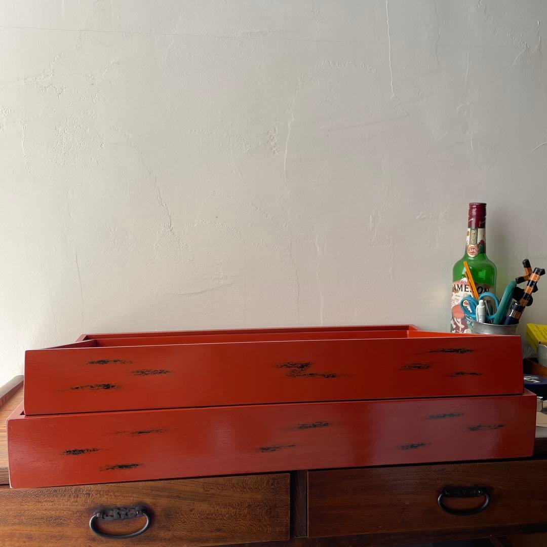 朱塗り　乱れ箱　衣装盆　大型　トレイ　旅館にありそうな木箱　角盆　特大