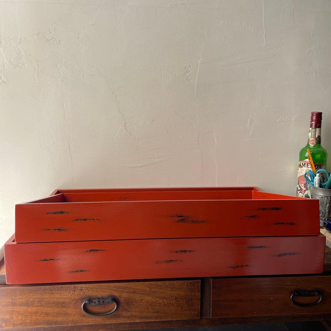 朱塗り　乱れ箱　衣装盆　大型　トレイ　旅館にありそうな木箱　角盆　特大