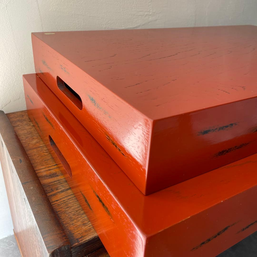 朱塗り　乱れ箱　衣装盆　大型　トレイ　旅館にありそうな木箱　角盆　特大