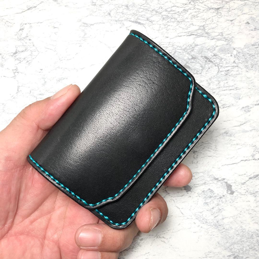 【総手縫い】栃木レザー ミニ財布 パスケース付 本革 コンパクト財布 黒 メンズ