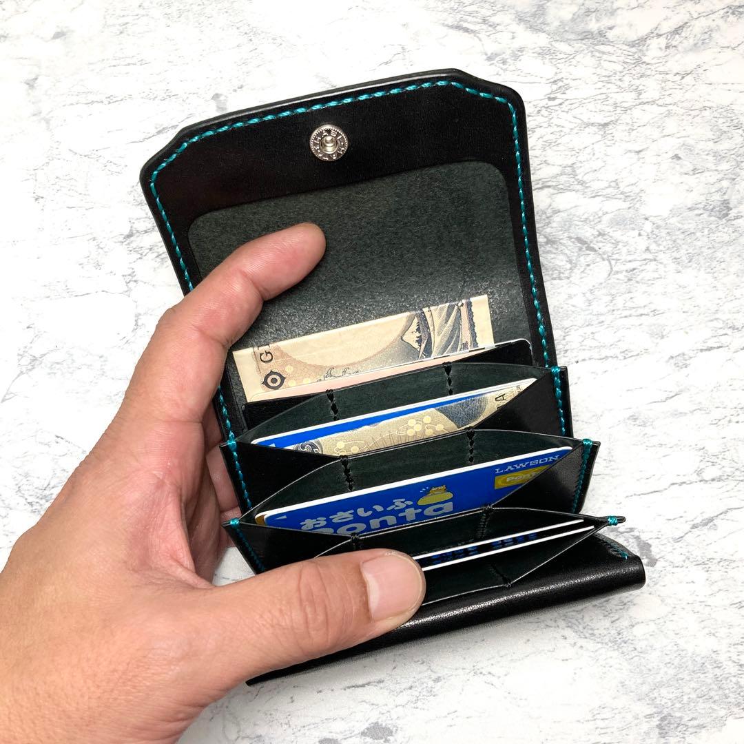 【総手縫い】栃木レザー ミニ財布 パスケース付 本革 コンパクト財布 黒 メンズ