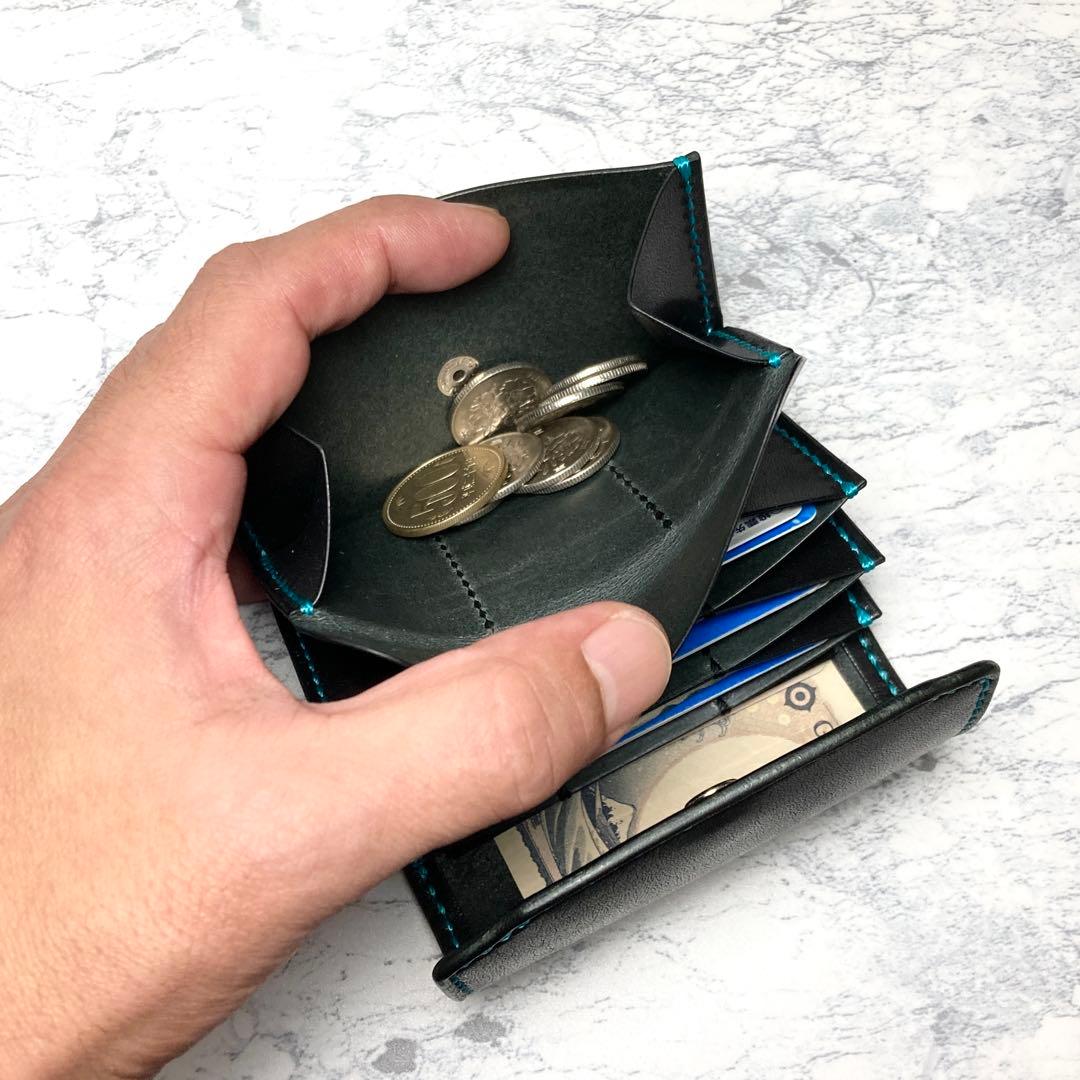 【総手縫い】栃木レザー ミニ財布 パスケース付 本革 コンパクト財布 黒 メンズ