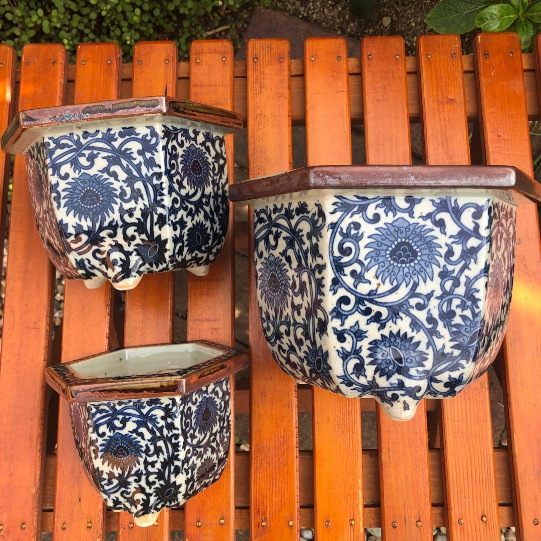 盆栽鉢　菊　唐草　八角形　陶器製　植木鉢 3個セット