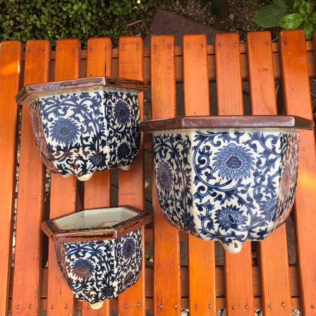 盆栽鉢　菊　唐草　八角形　陶器製　植木鉢 3個セット
