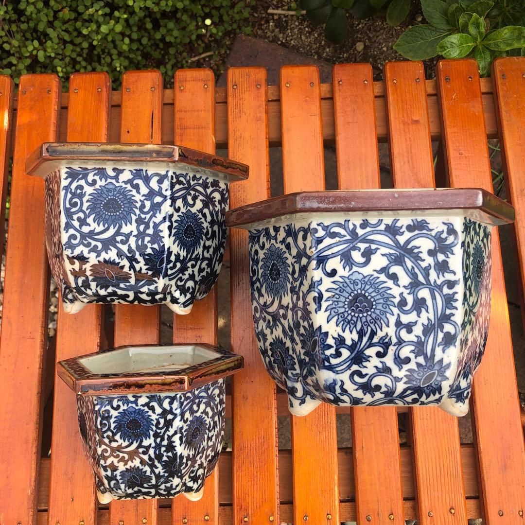 盆栽鉢　菊　唐草　八角形　陶器製　植木鉢 3個セット