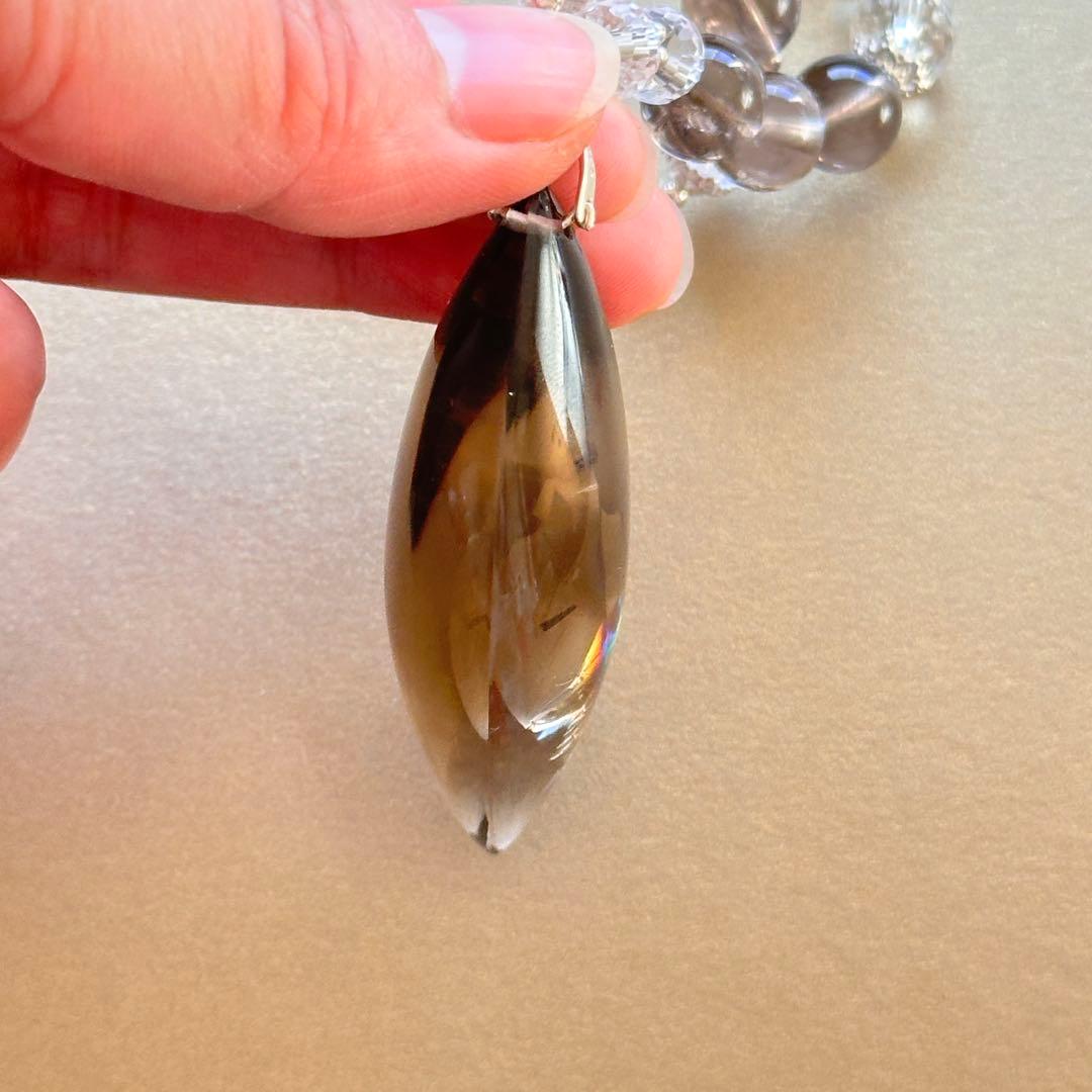 天然石 スモーキークォーツ×クリスタル 高品質 ペンダントネックレス虹入り一点物