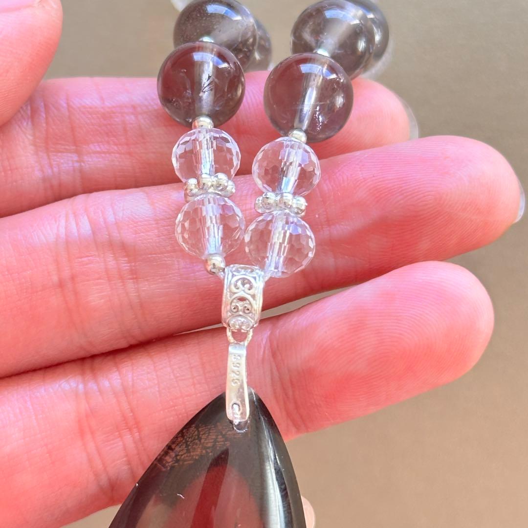 天然石 スモーキークォーツ×クリスタル 高品質 ペンダントネックレス虹入り一点物