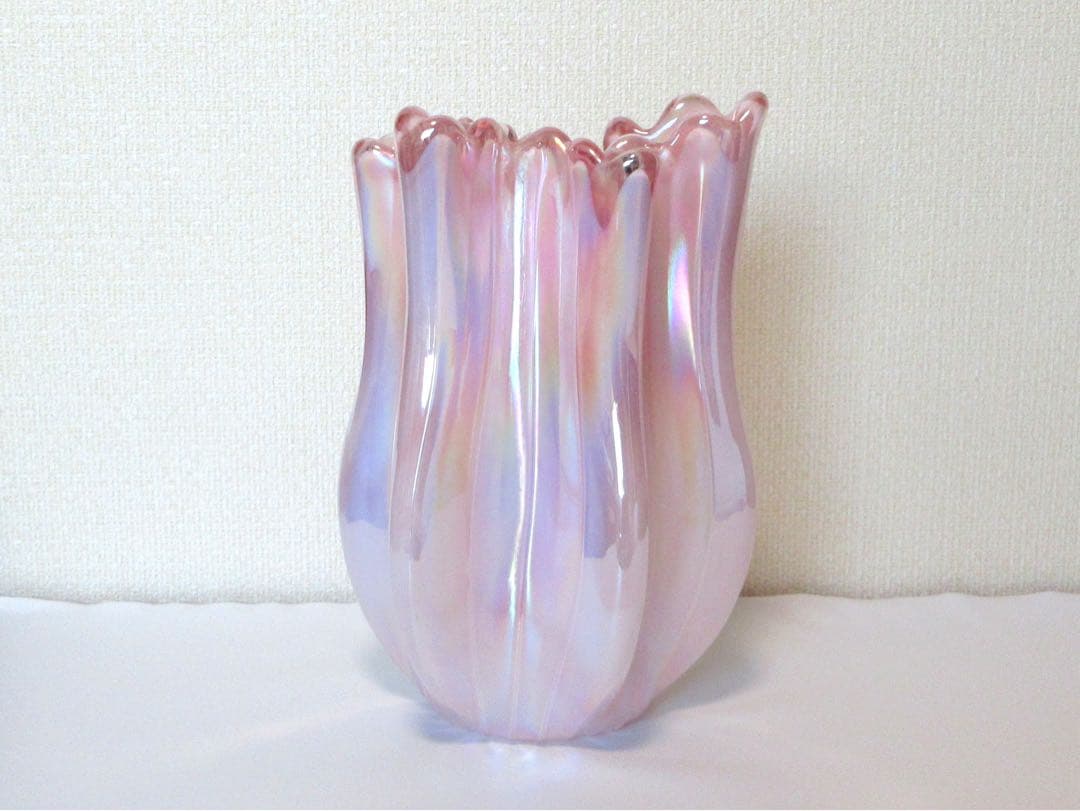 【美品】　花瓶　ガラス　オーロラ　ピンク　約27cm×17.5cm　約2494g