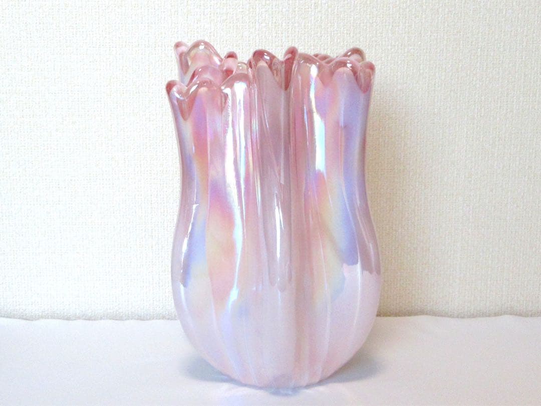 【美品】　花瓶　ガラス　オーロラ　ピンク　約27cm×17.5cm　約2494g