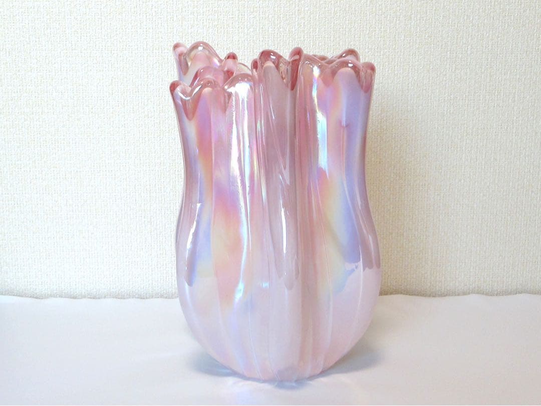 【美品】　花瓶　ガラス　オーロラ　ピンク　約27cm×17.5cm　約2494g