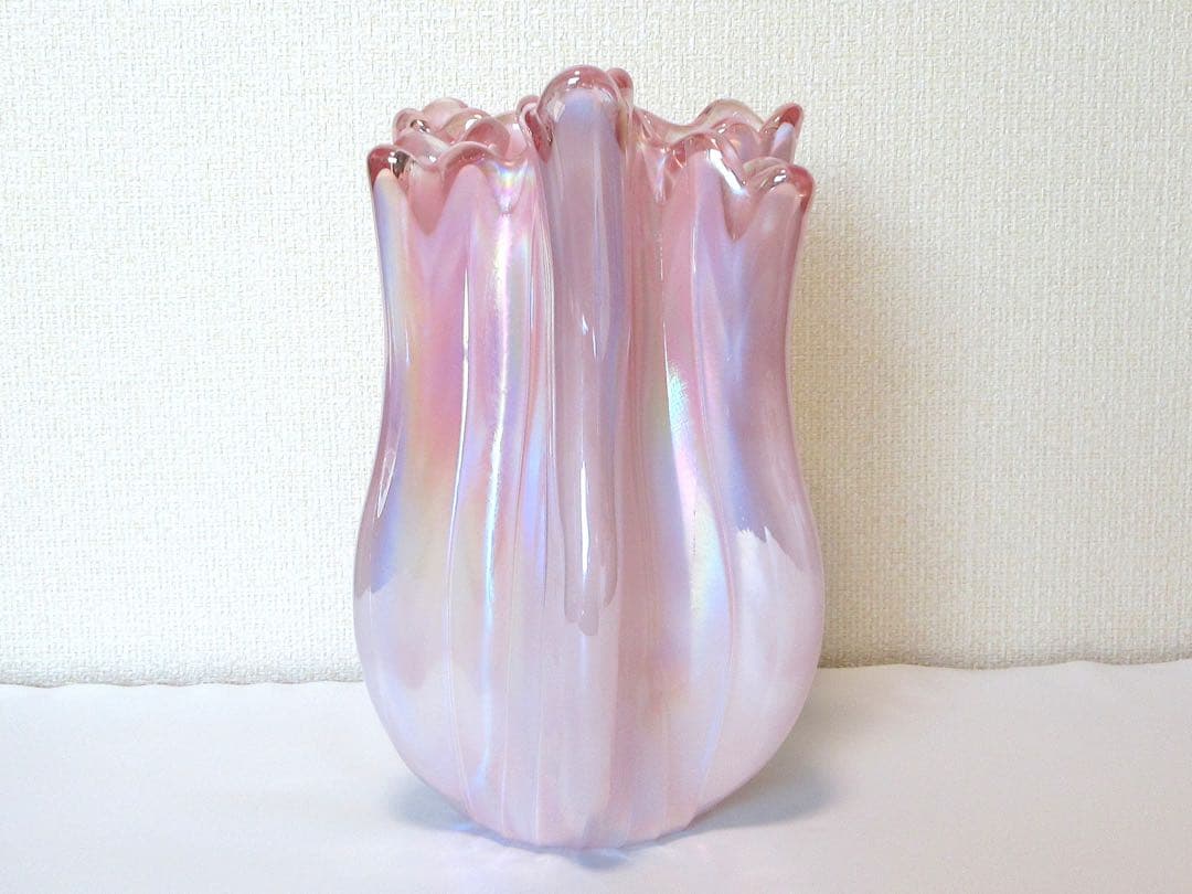 【美品】　花瓶　ガラス　オーロラ　ピンク　約27cm×17.5cm　約2494g