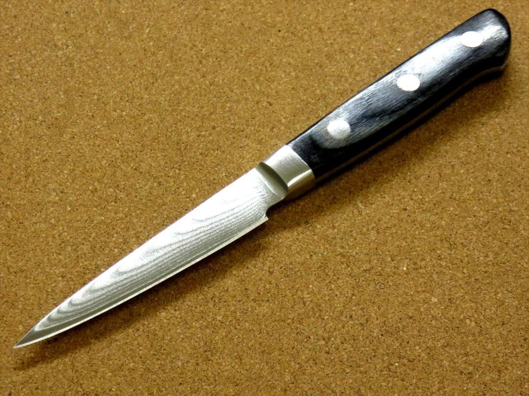関の刃物 パーリングナイフ 90mm 濃州正宗作 ダマスカス69層 黒木 両刃