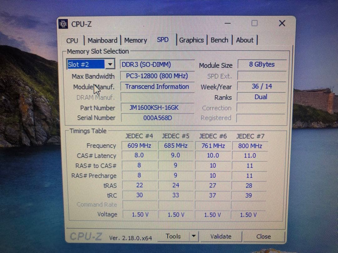 ①美品Transcend DDR3 16GB(8GBX2枚)メモリ1600MHz