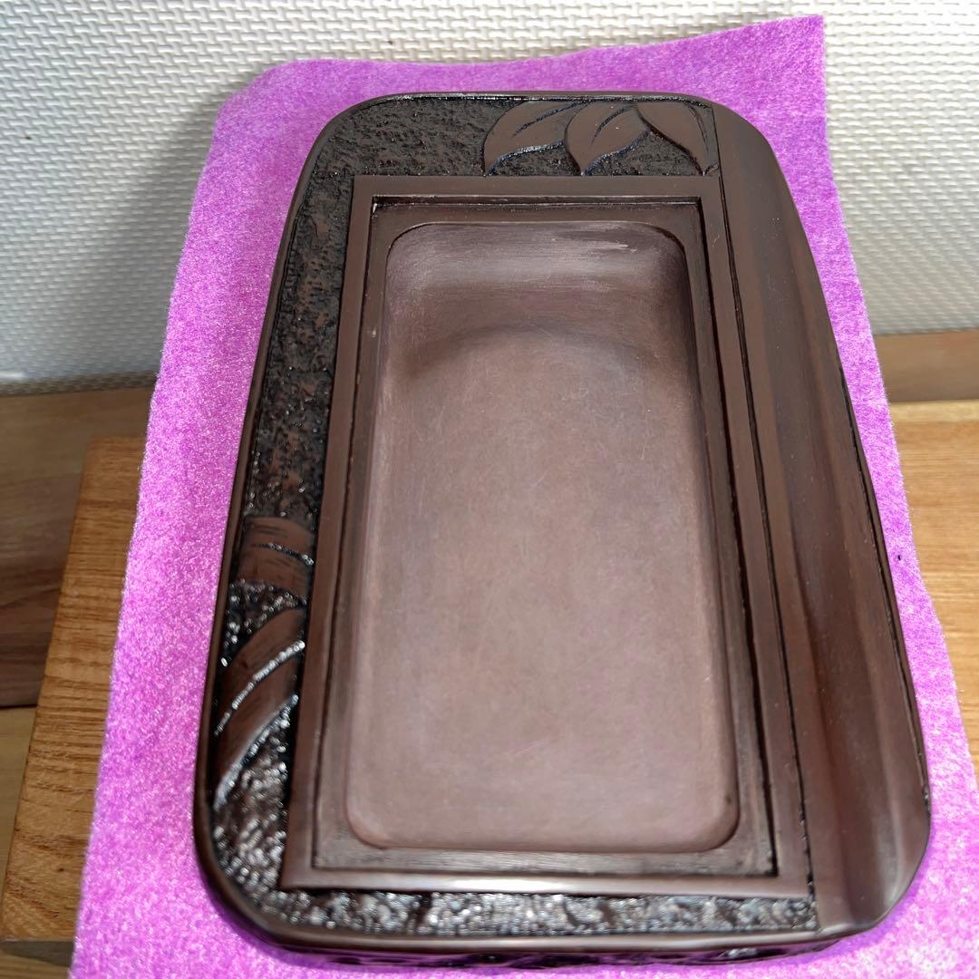 ⭕️赤間硯　笹竹彫刻石蓋付硯　柳硯堂製　柳猛作　新品美品　1kg超え　美術品