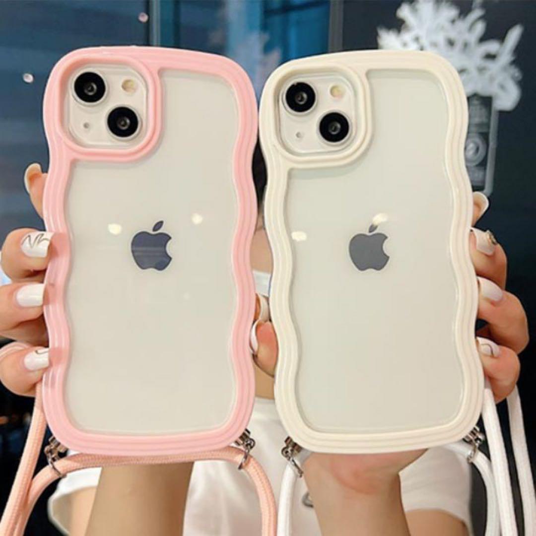 iPhoneケース 15 クリア ウェーブ スマホケース ショルダー 肩掛け