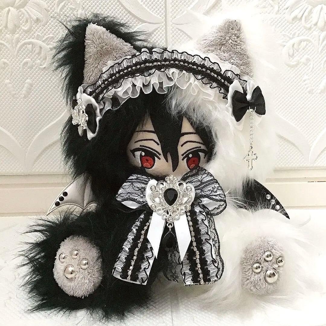 【85】おすわり　ぬい服　16cm 着ぐるみ　長毛 ロング ねこ　黒&白