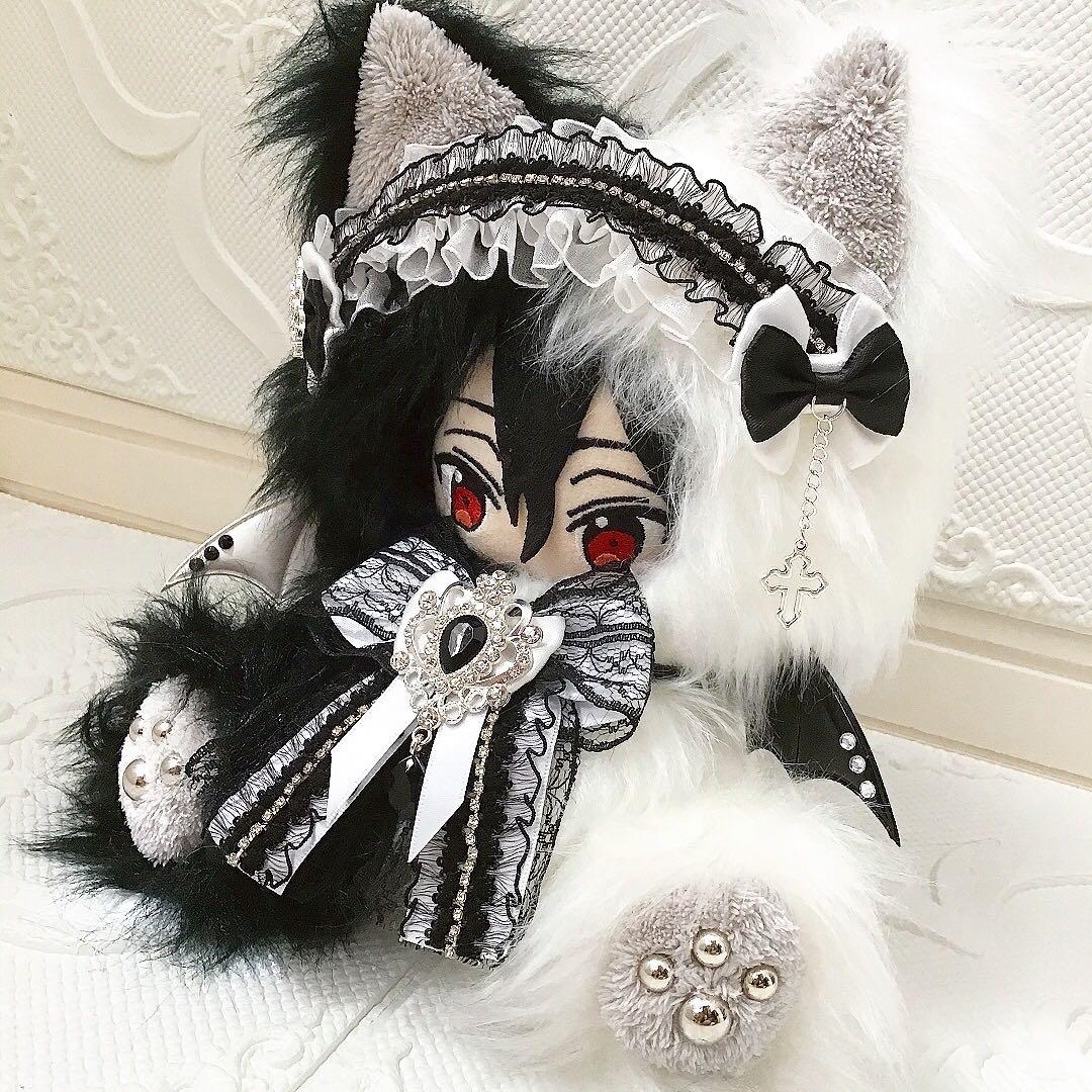 【85】おすわり　ぬい服　16cm 着ぐるみ　長毛 ロング ねこ　黒&白