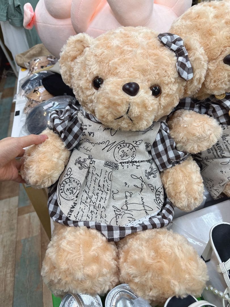 ハンドメイド ベージュのチェック柄ぬいぐるみ2体セット 可愛いプレゼント用