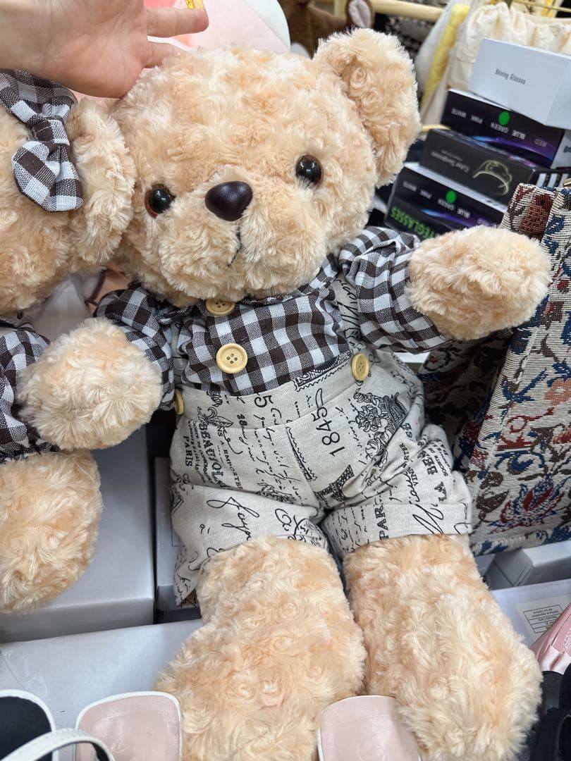 ハンドメイド ベージュのチェック柄ぬいぐるみ2体セット 可愛いプレゼント用