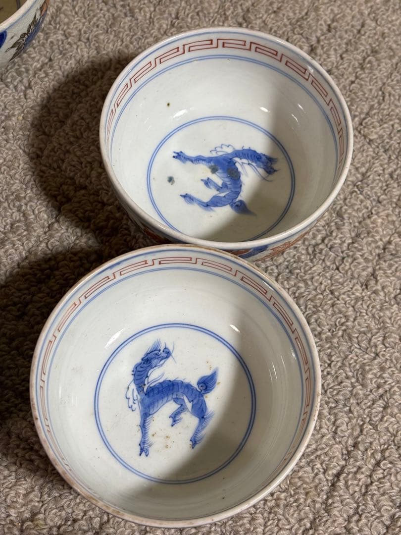 古伊万里色絵金彩蓋茶碗 江戸〜明治期 蓋付き御茶碗 麒麟 銘あり 染付 骨董品