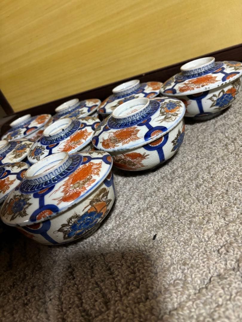 古伊万里色絵金彩蓋茶碗 江戸〜明治期 蓋付き御茶碗 麒麟 銘あり 染付 骨董品