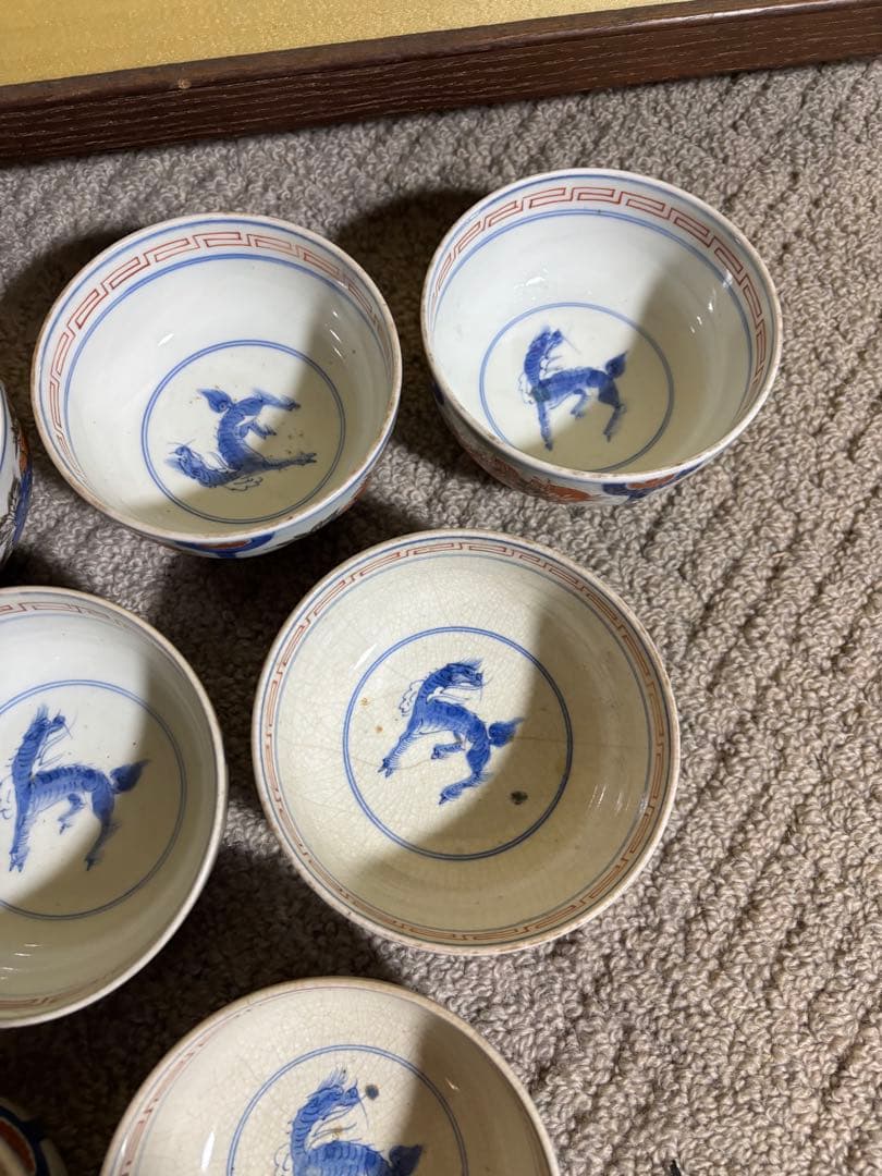 古伊万里色絵金彩蓋茶碗 江戸〜明治期 蓋付き御茶碗 麒麟 銘あり 染付 骨董品
