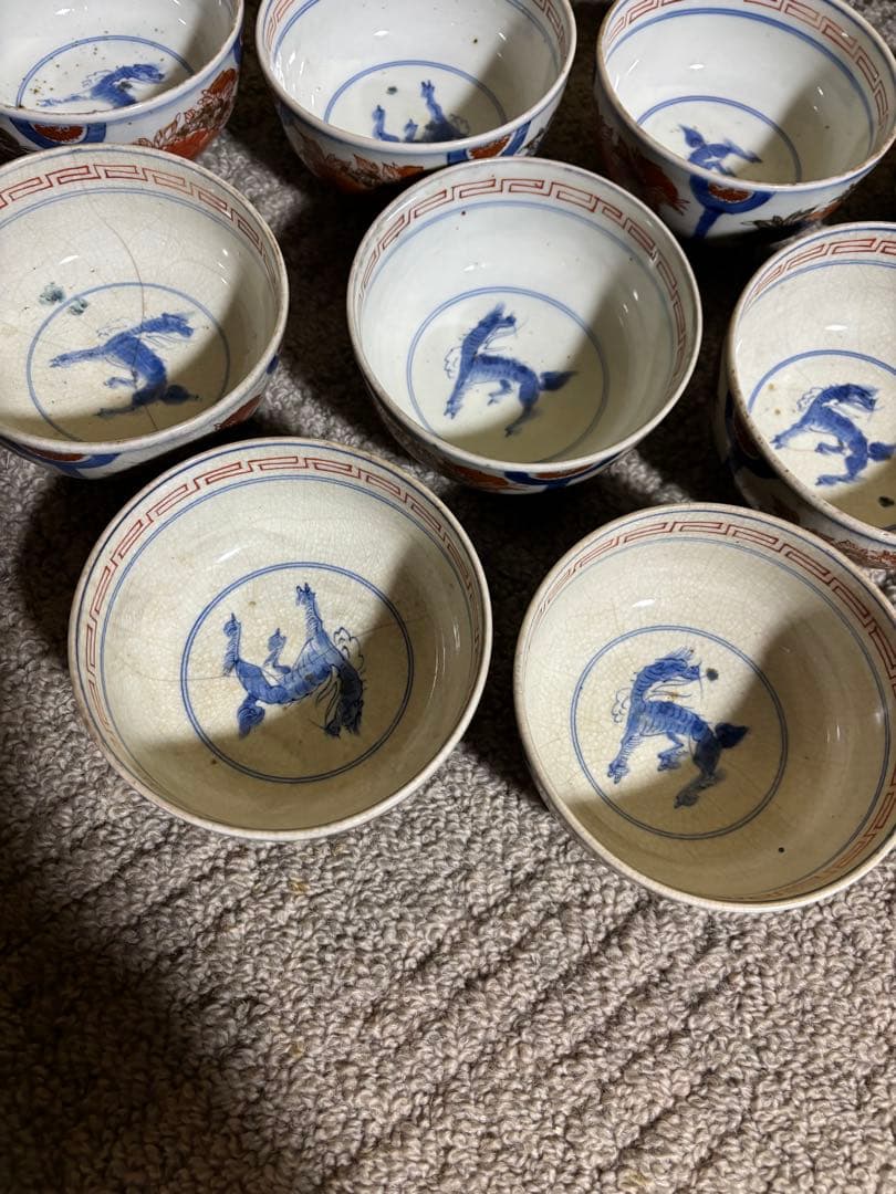 古伊万里色絵金彩蓋茶碗 江戸〜明治期 蓋付き御茶碗 麒麟 銘あり 染付 骨董品