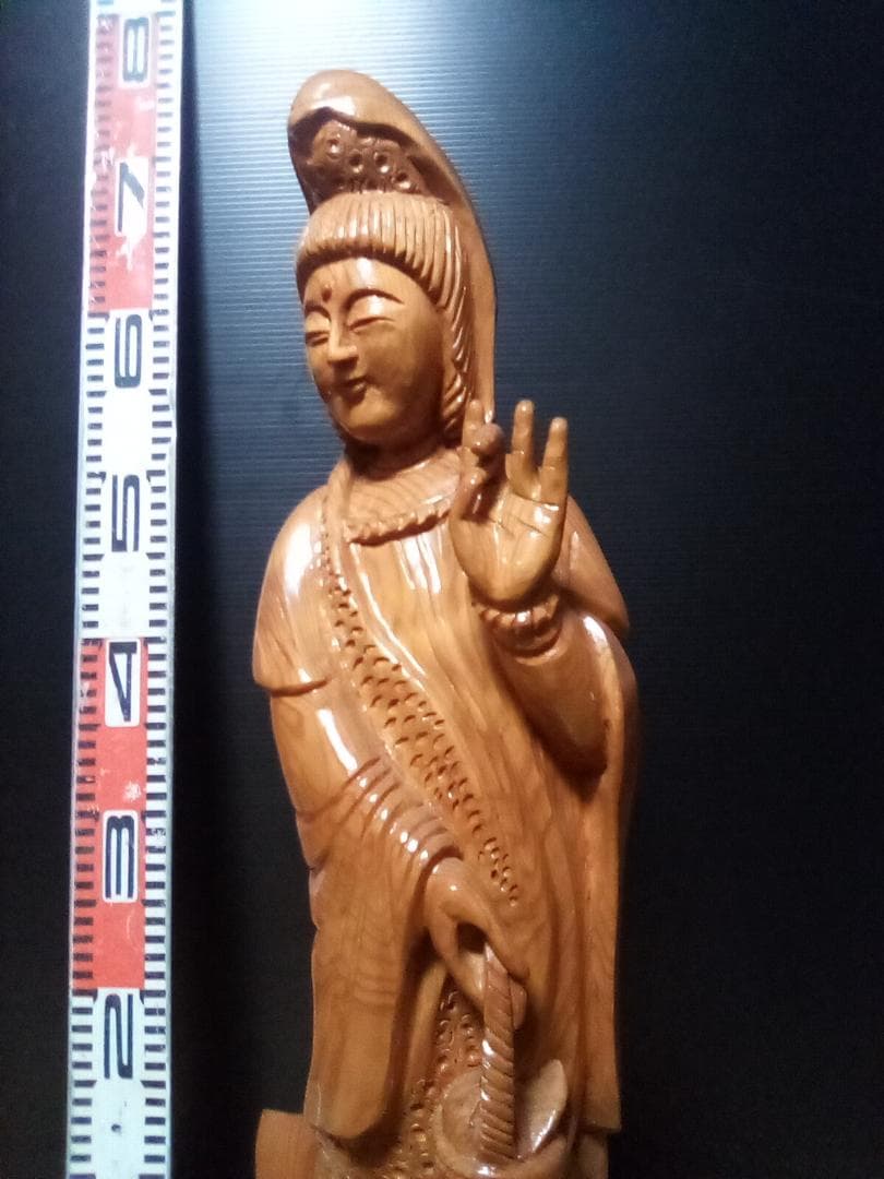 観音像 木製 約60cm ドラゴン付き