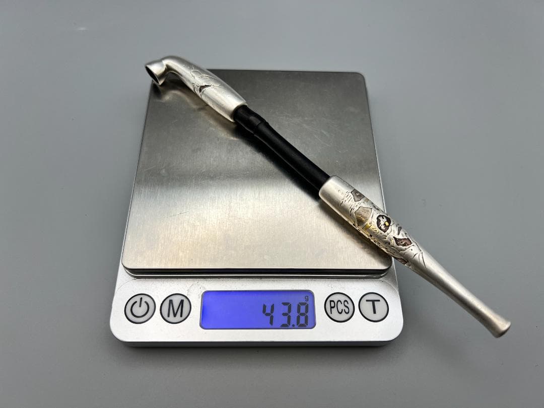 銀製　キセル　煙管　在銘　風景図　赤銅金象嵌　銀細工　アンティーク　重量約43g