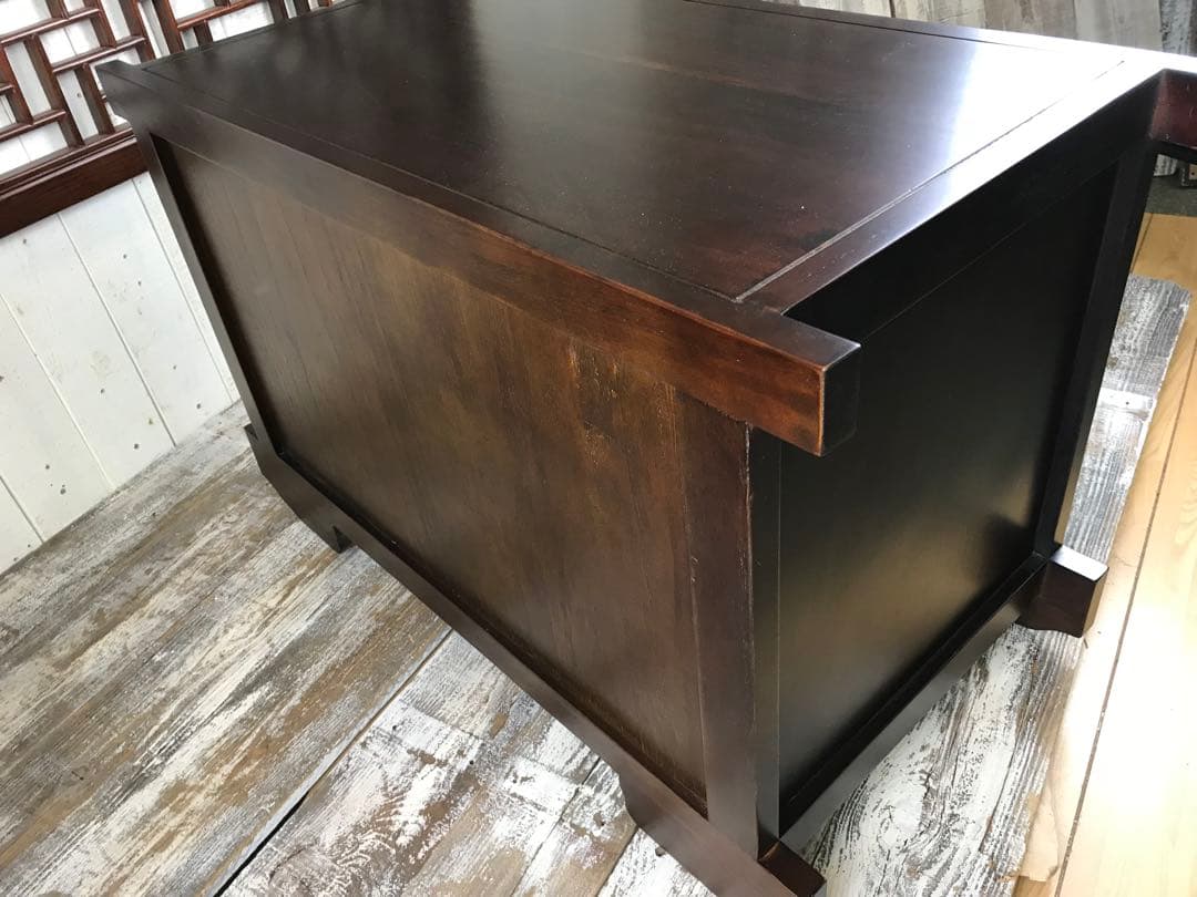 民芸家具からくり車タンス L木製桐材天然無垢飾り棚収納チェスト箪笥隠し引き付き