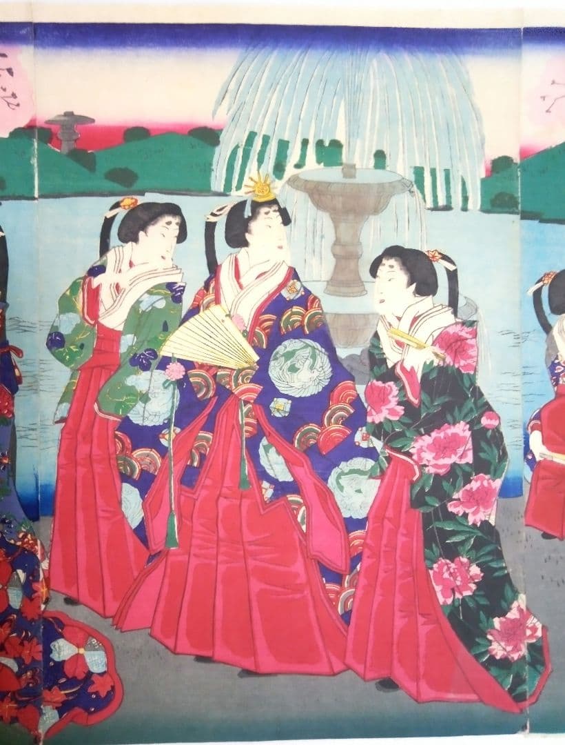 浮世絵、九段坂靖国神社御遊覧之圖三枚綴り繋がってます。歌川国明画、13年明治出版