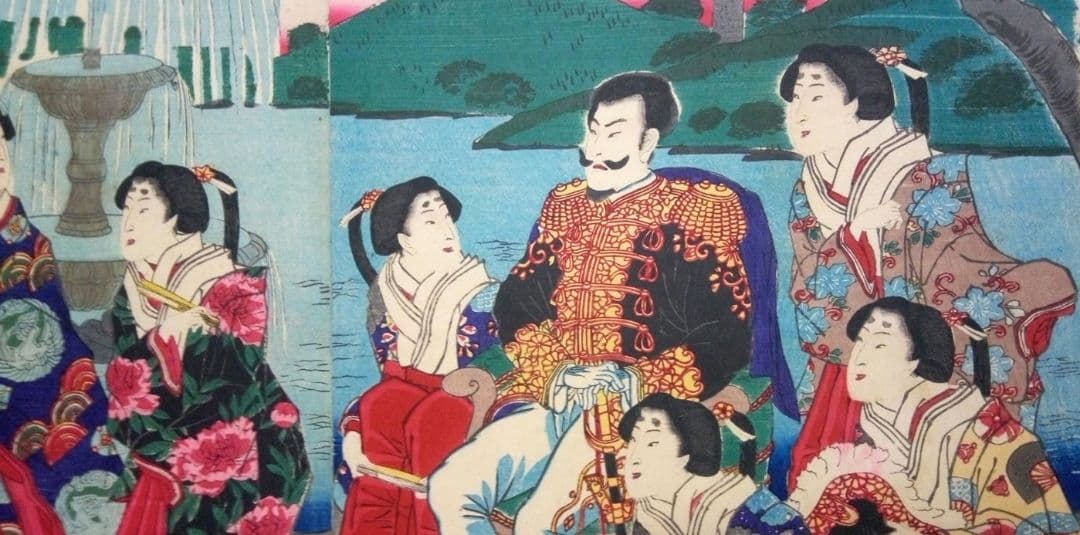 浮世絵、九段坂靖国神社御遊覧之圖三枚綴り繋がってます。歌川国明画、13年明治出版