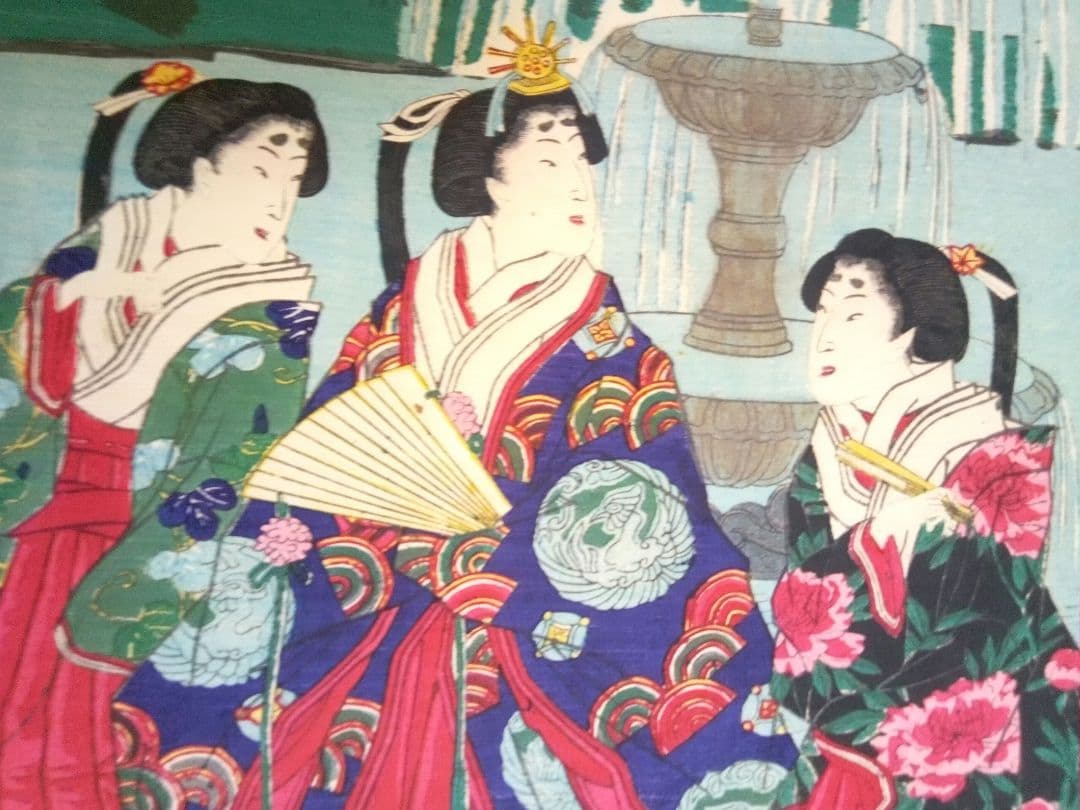 浮世絵、九段坂靖国神社御遊覧之圖三枚綴り繋がってます。歌川国明画、13年明治出版