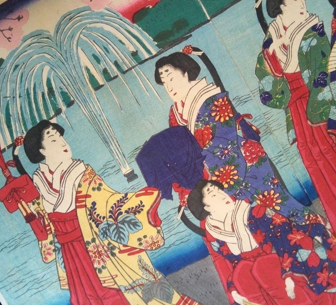 浮世絵、九段坂靖国神社御遊覧之圖三枚綴り繋がってます。歌川国明画、13年明治出版