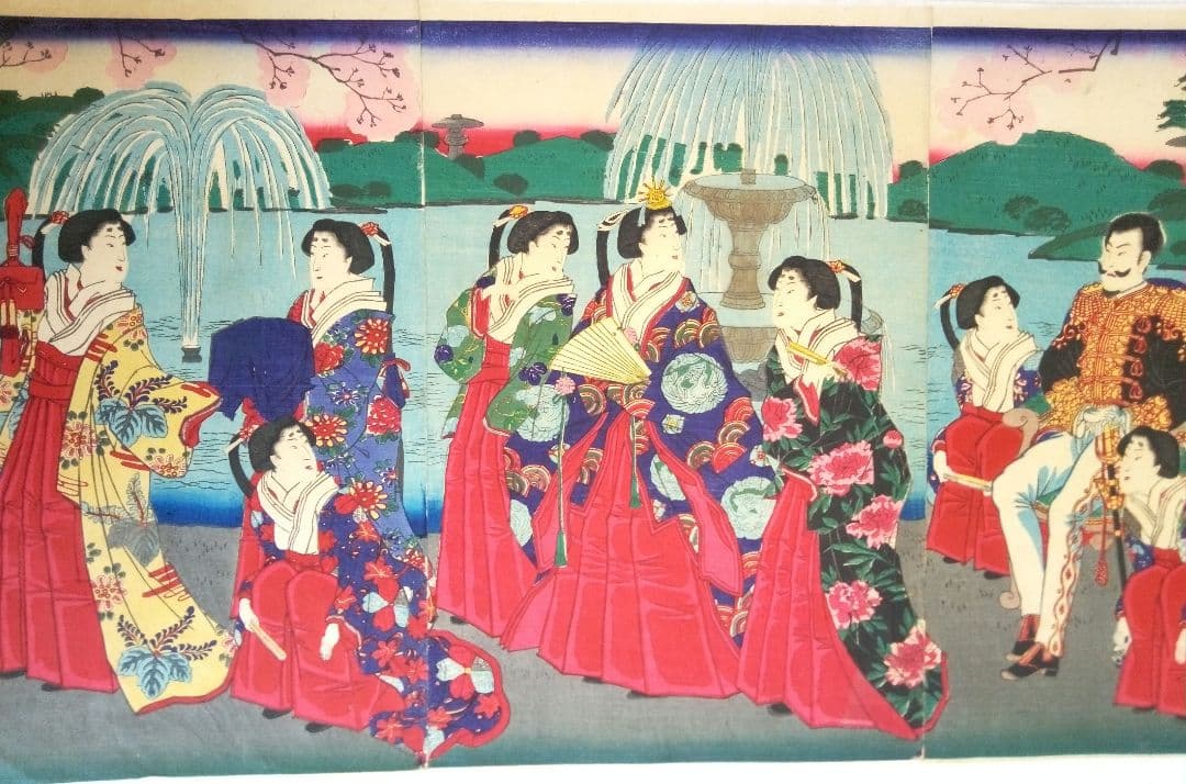 浮世絵、九段坂靖国神社御遊覧之圖三枚綴り繋がってます。歌川国明画、13年明治出版