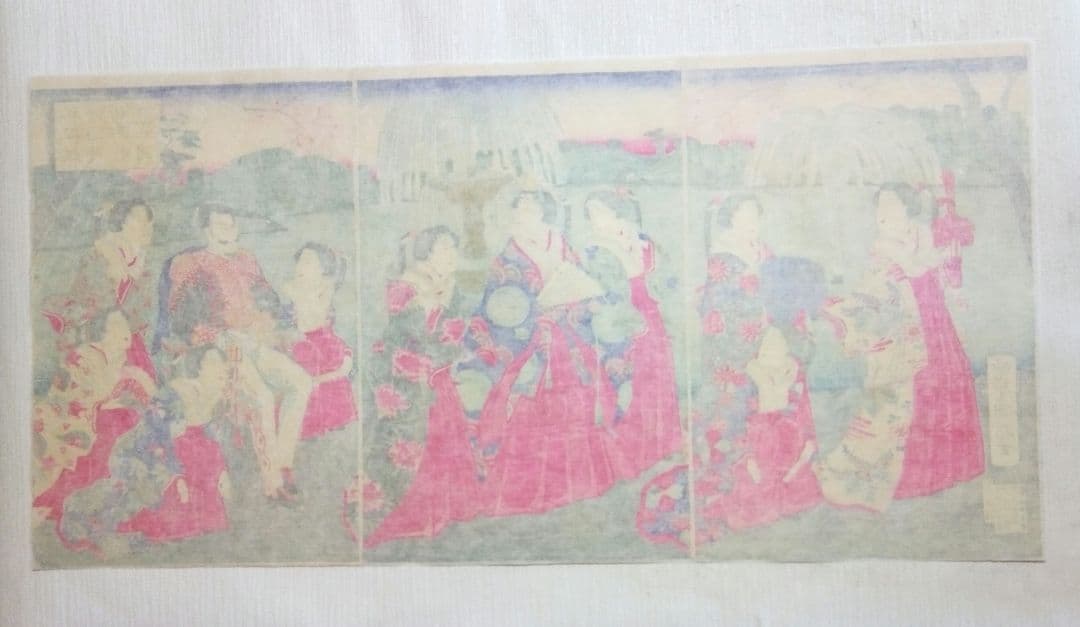 浮世絵、九段坂靖国神社御遊覧之圖三枚綴り繋がってます。歌川国明画、13年明治出版