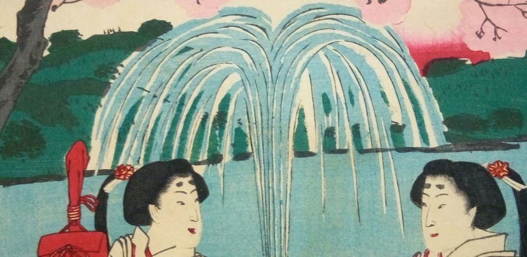 浮世絵、九段坂靖国神社御遊覧之圖三枚綴り繋がってます。歌川国明画、13年明治出版