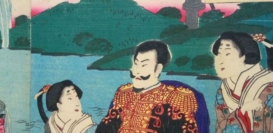 浮世絵、九段坂靖国神社御遊覧之圖三枚綴り繋がってます。歌川国明画、13年明治出版