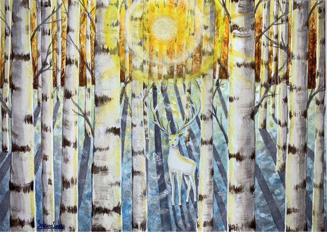 【どこまでも届く優しい光の導き】絵画 ,原画,白鹿,神秘的,白樺,光,日光
