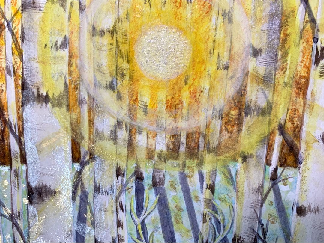 【どこまでも届く優しい光の導き】絵画 ,原画,白鹿,神秘的,白樺,光,日光