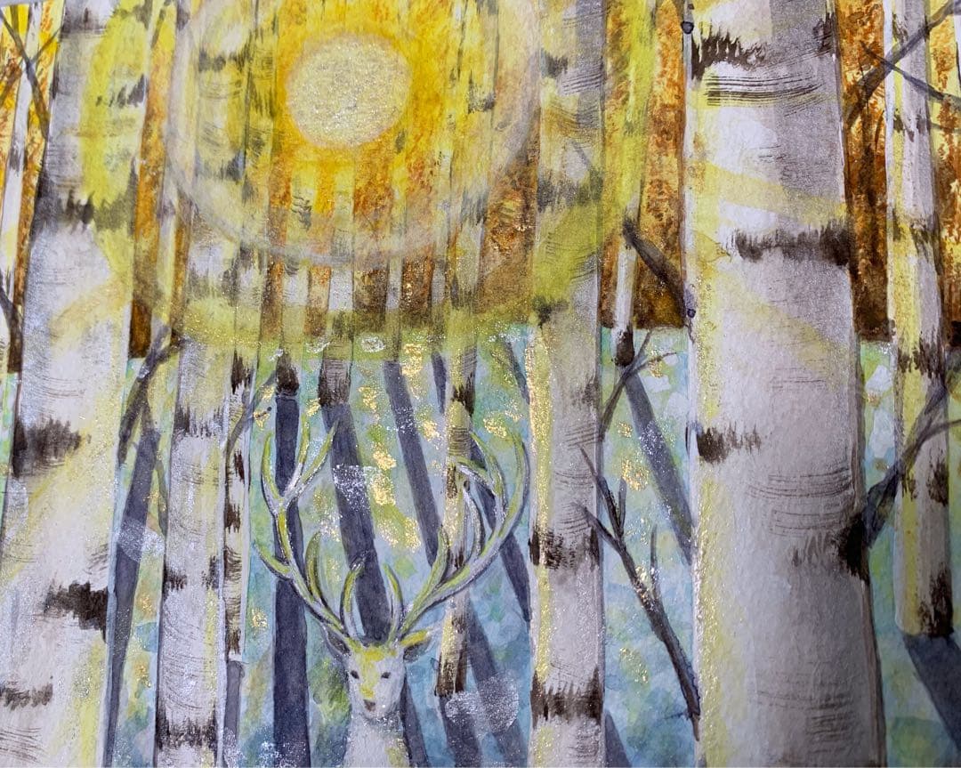 【どこまでも届く優しい光の導き】絵画 ,原画,白鹿,神秘的,白樺,光,日光