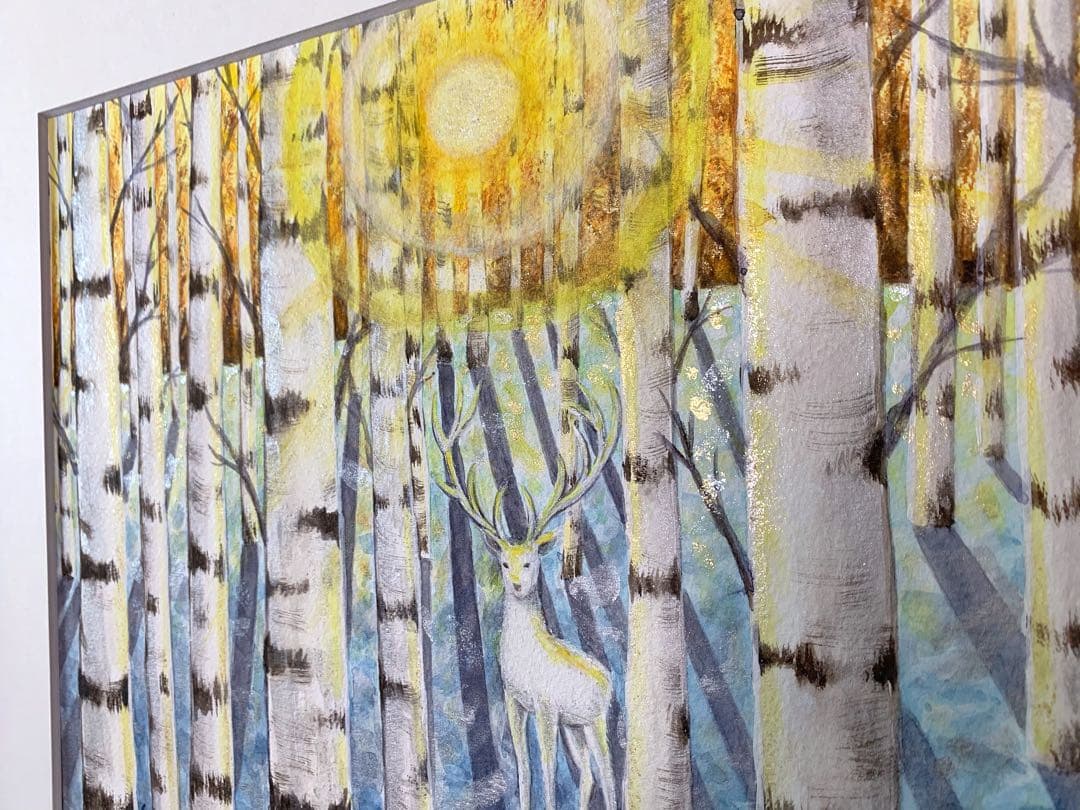 【どこまでも届く優しい光の導き】絵画 ,原画,白鹿,神秘的,白樺,光,日光