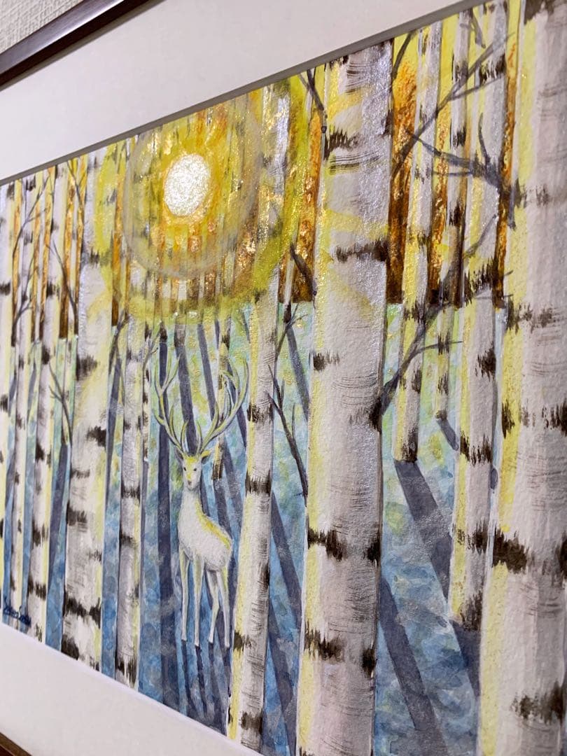 【どこまでも届く優しい光の導き】絵画 ,原画,白鹿,神秘的,白樺,光,日光