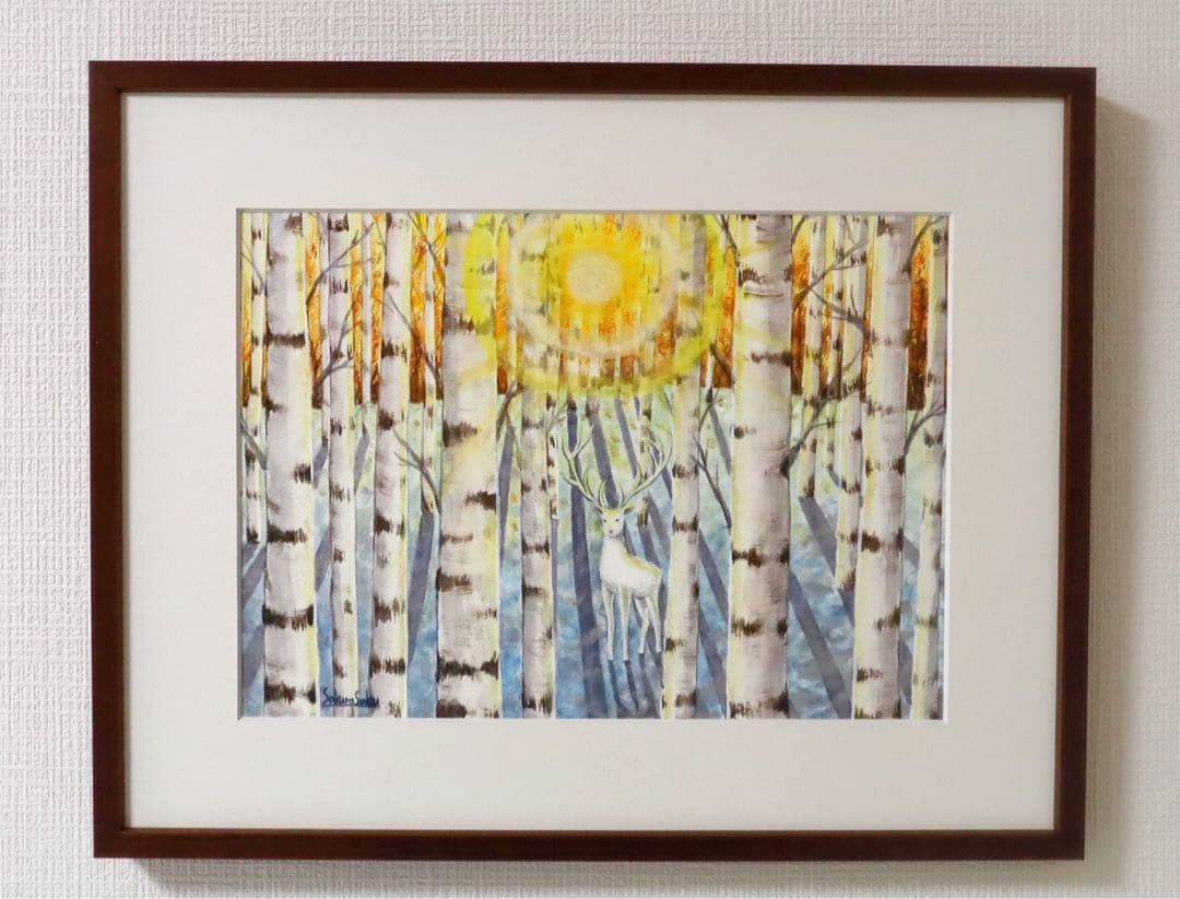 【どこまでも届く優しい光の導き】絵画 ,原画,白鹿,神秘的,白樺,光,日光