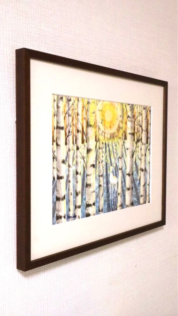 【どこまでも届く優しい光の導き】絵画 ,原画,白鹿,神秘的,白樺,光,日光