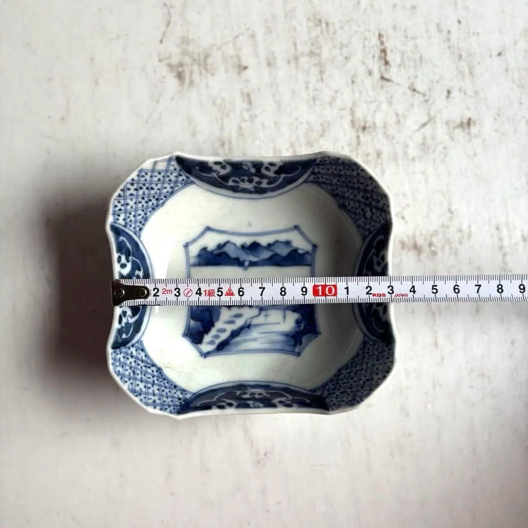008 骨董 アンティーク 古伊万里 山水図染付隅切り四方皿 3点組 向付 幕末