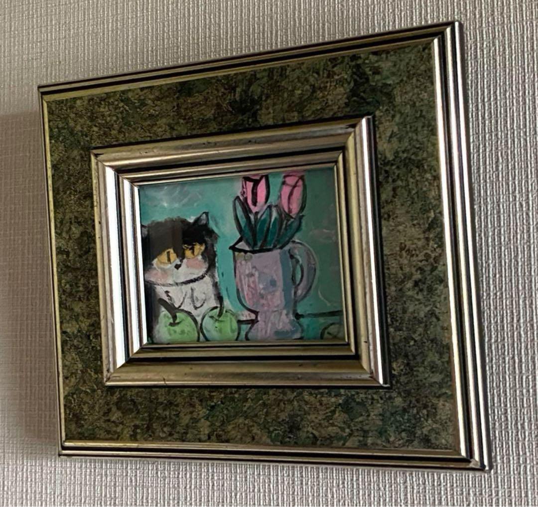 絵画。原画【かわいい黒猫はピンクのチューリップと青リンゴが好き】
