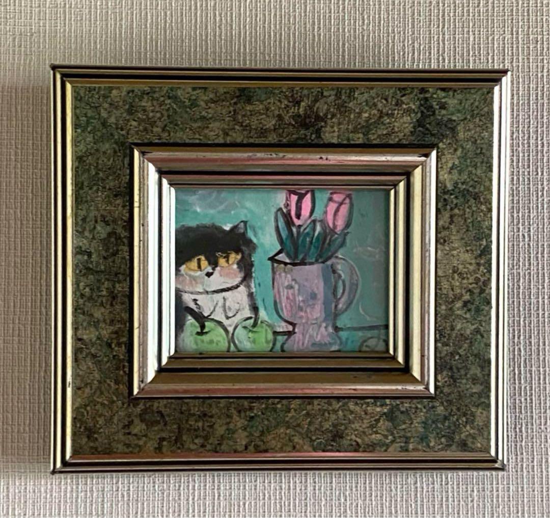 絵画。原画【かわいい黒猫はピンクのチューリップと青リンゴが好き】