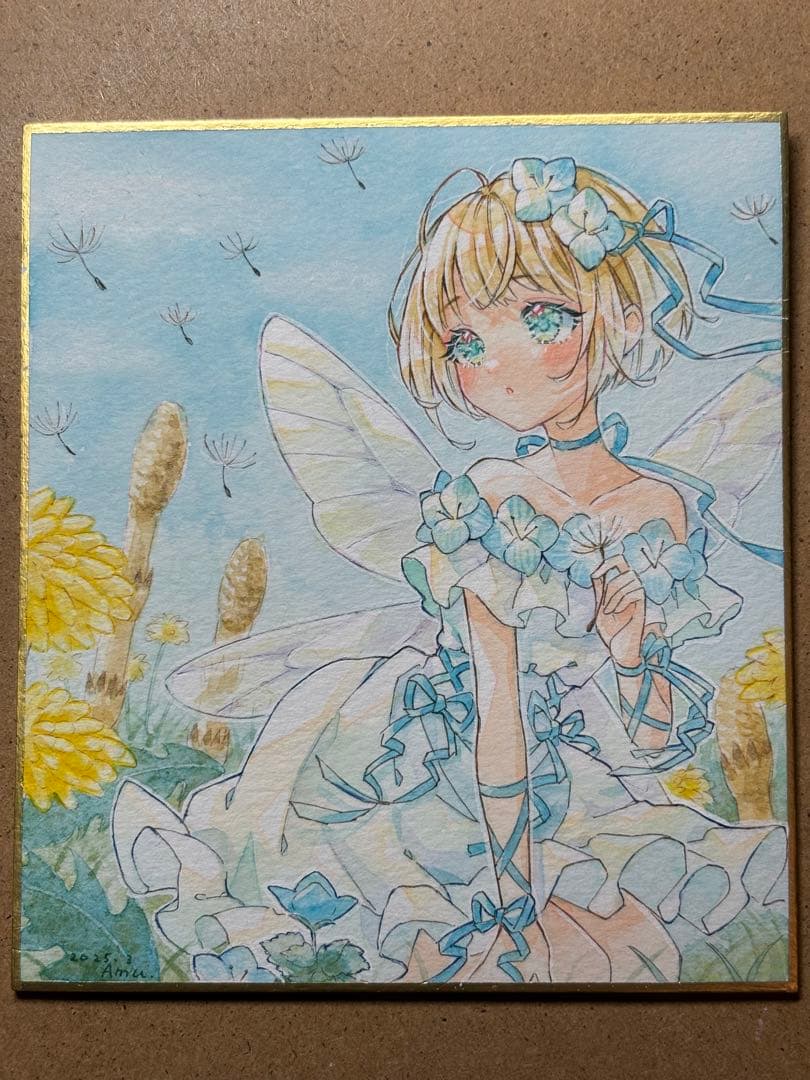 手描きイラスト　ミニ色紙　春の野原の妖精さん